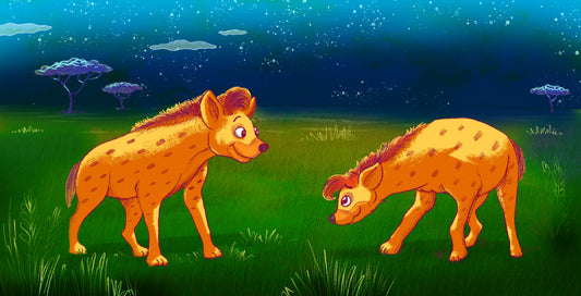 Two spotted hyenas in a potential real-life interaction, where one hyena who wishes to join a clan encounters a guard. Taken from "The Spotted Hyena Joins a New Clan" children's book by Itay Gross